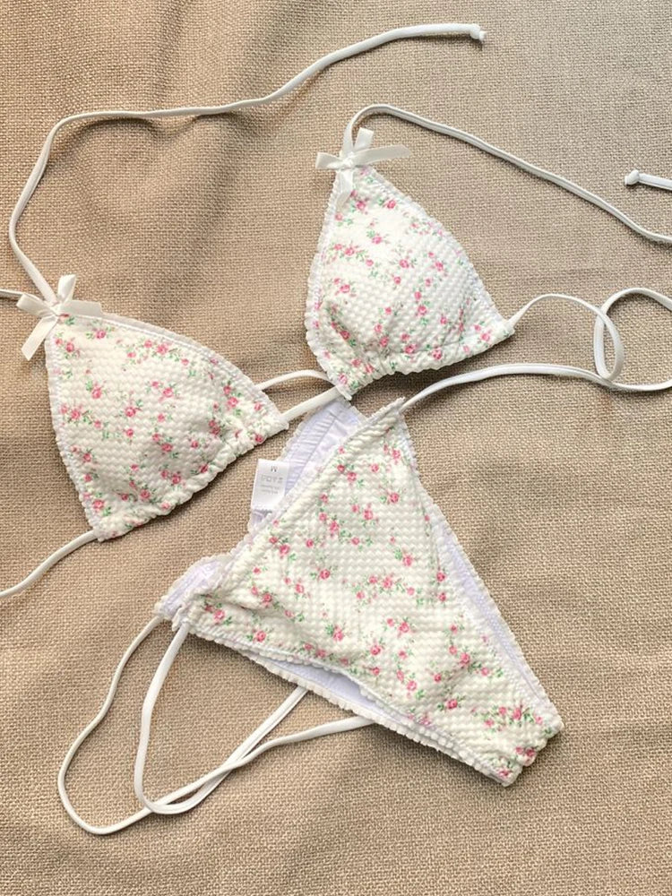 Women's Tanga String Bikini Swimsuit With Tiny Flowers
